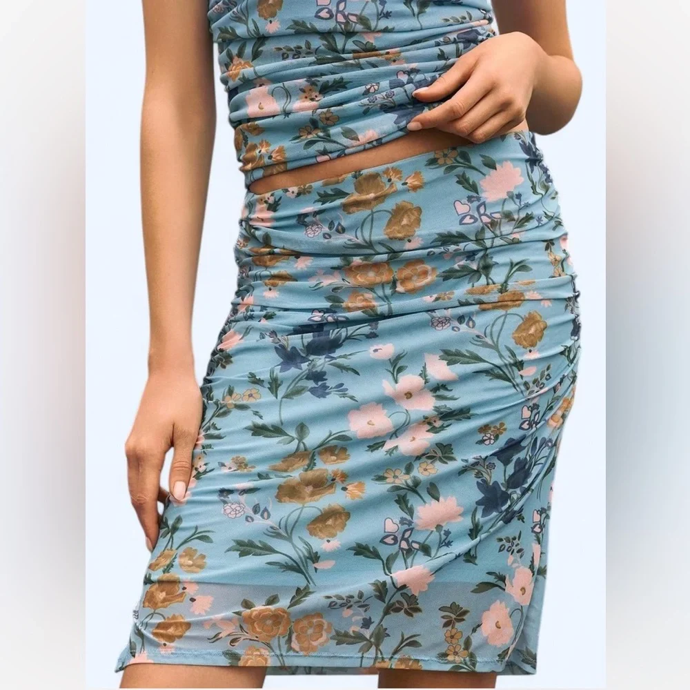 Anthropologie Printed Mesh Pull On Knee-Length Skirt Blue Pink Multi SIZE XS NEW - Picture 2 of 5